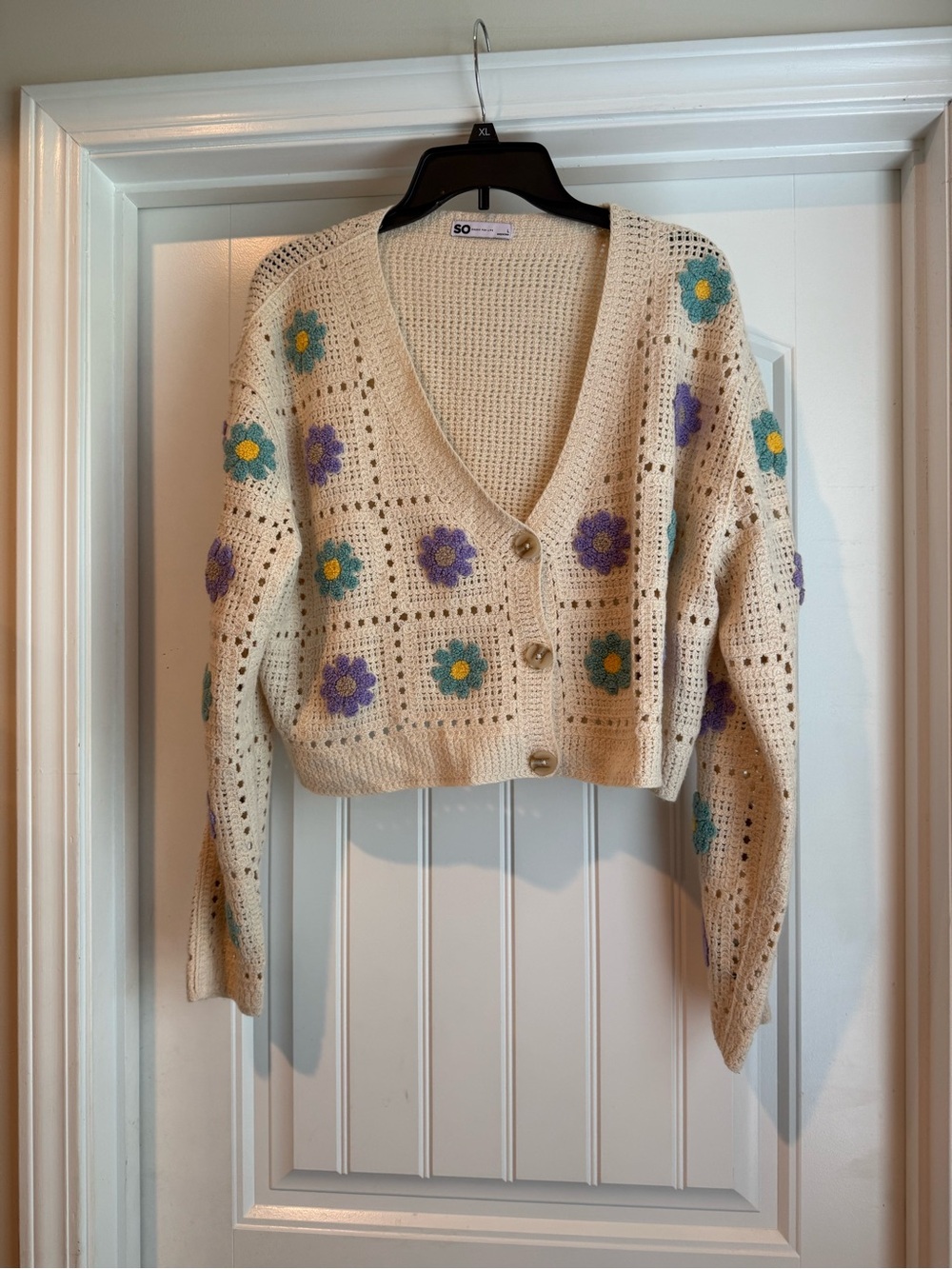 SO Cream Crochet V-Neck Cardigan with Purple & Teal Floral Appliqué
